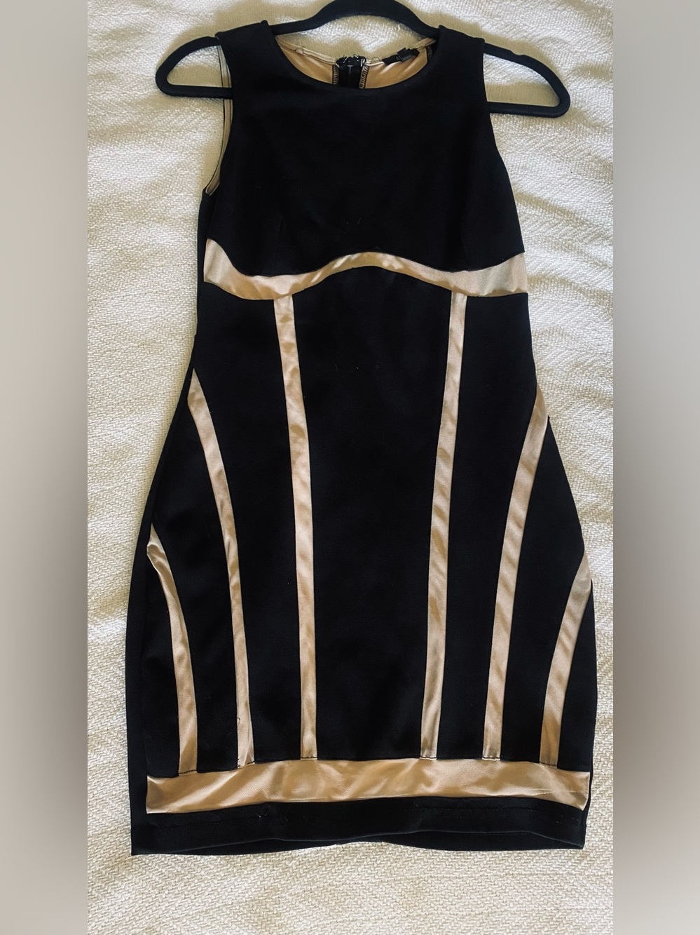 Black and Champagne Satin-Trim Bodycon Dress